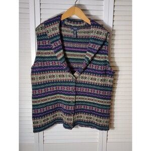Chaps‎ Women's Fair Isle Sweater Vest Plus Size 2X Shawl Collar Button Front VTG